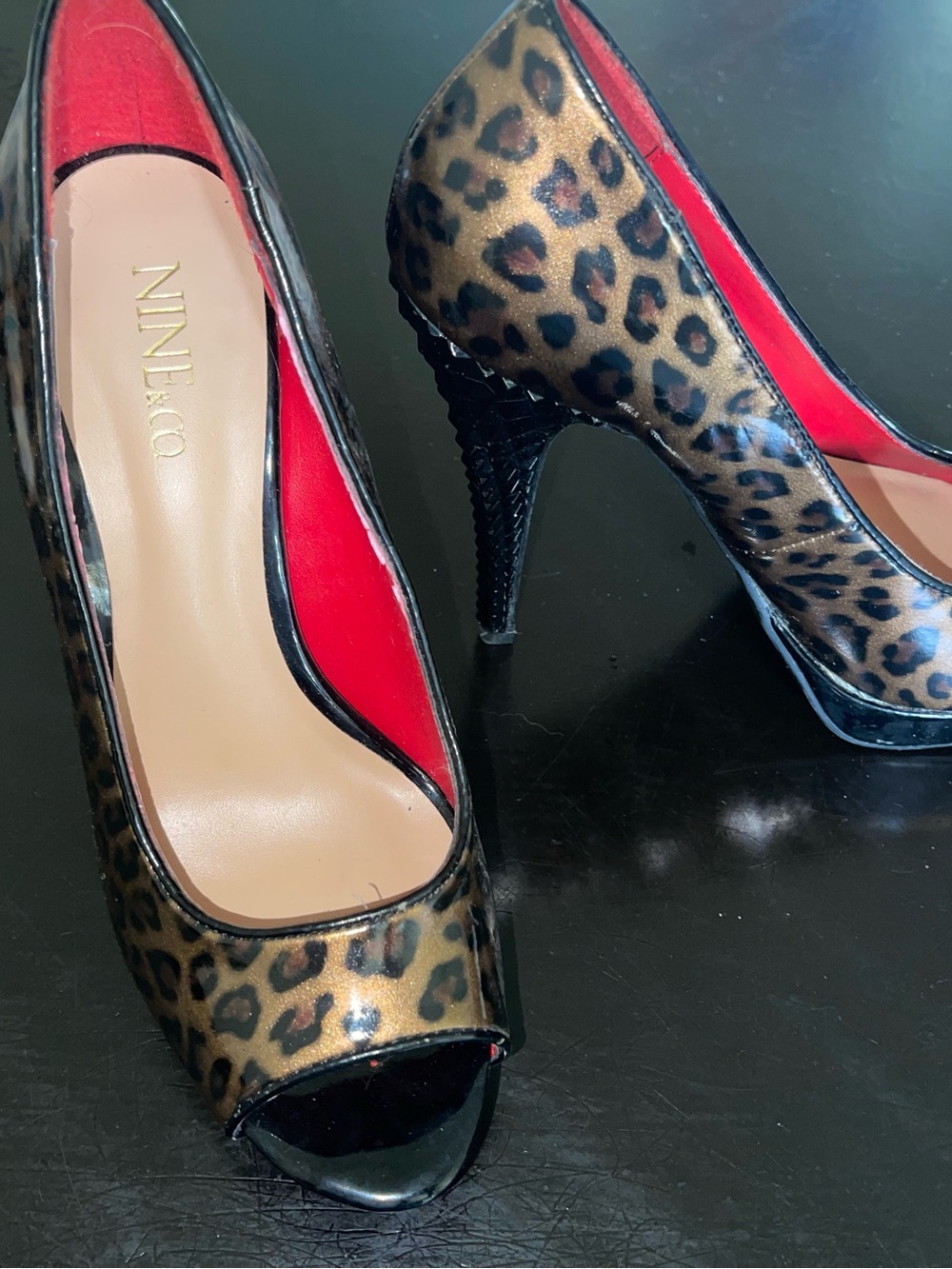 Nine & Co. Leopard Print Peep-Toe Heels with Black Patent Trim